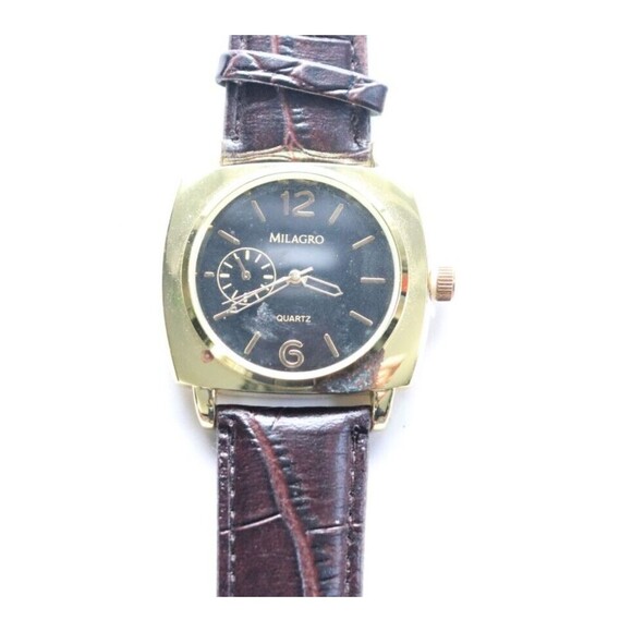 Milagro Watch Mens Brown Genuine Leather Black Round Face Gold Tone Untested - Picture 3 of 4
